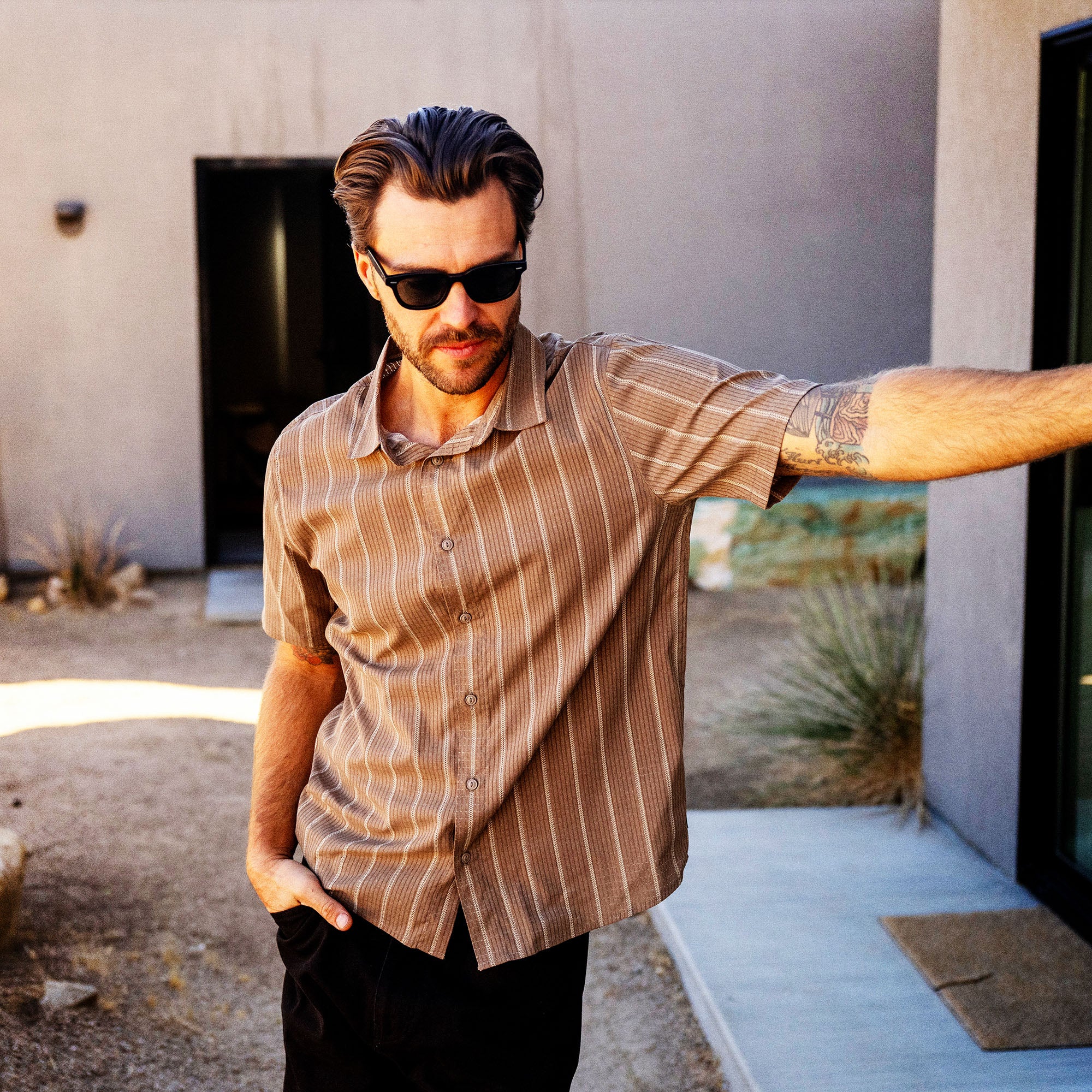 Bless Up Breathable Stretch Shirt in Mushroom, worn by a model outdoors, front view