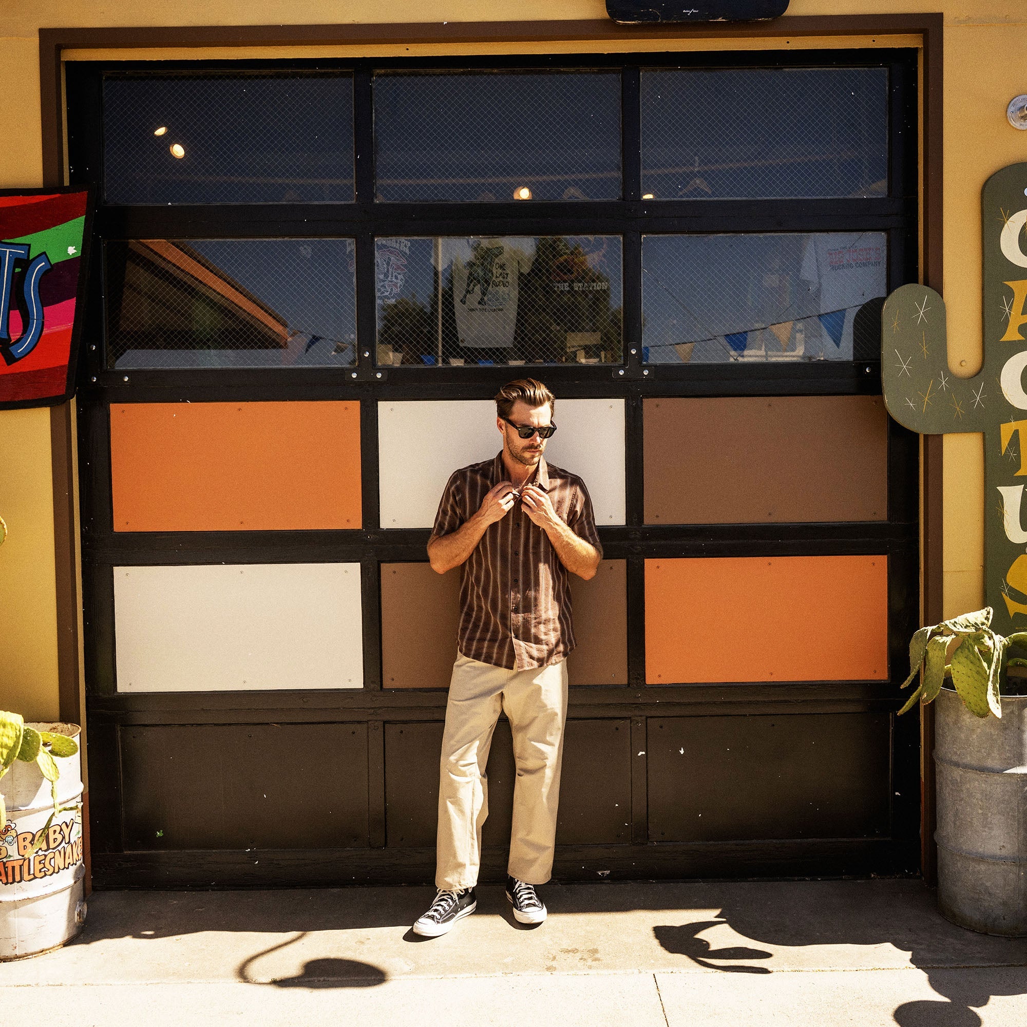 Bless Up Breathable Stretch Shirt in Mushroom, worn by a model in front of a shopfront window