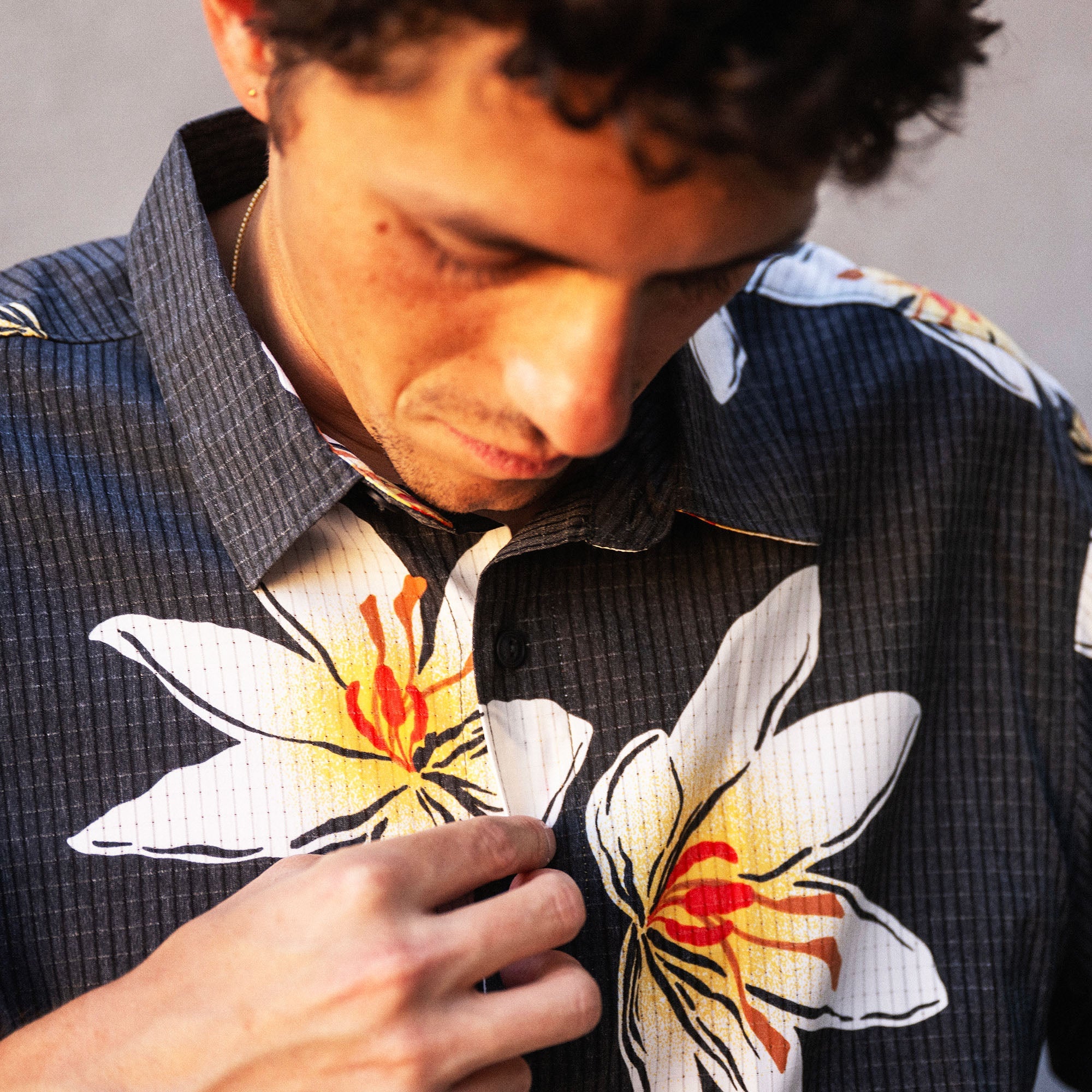 Bless Up Breathable Stretch Shirt in Black Crocus, worn by a model, floral print detail