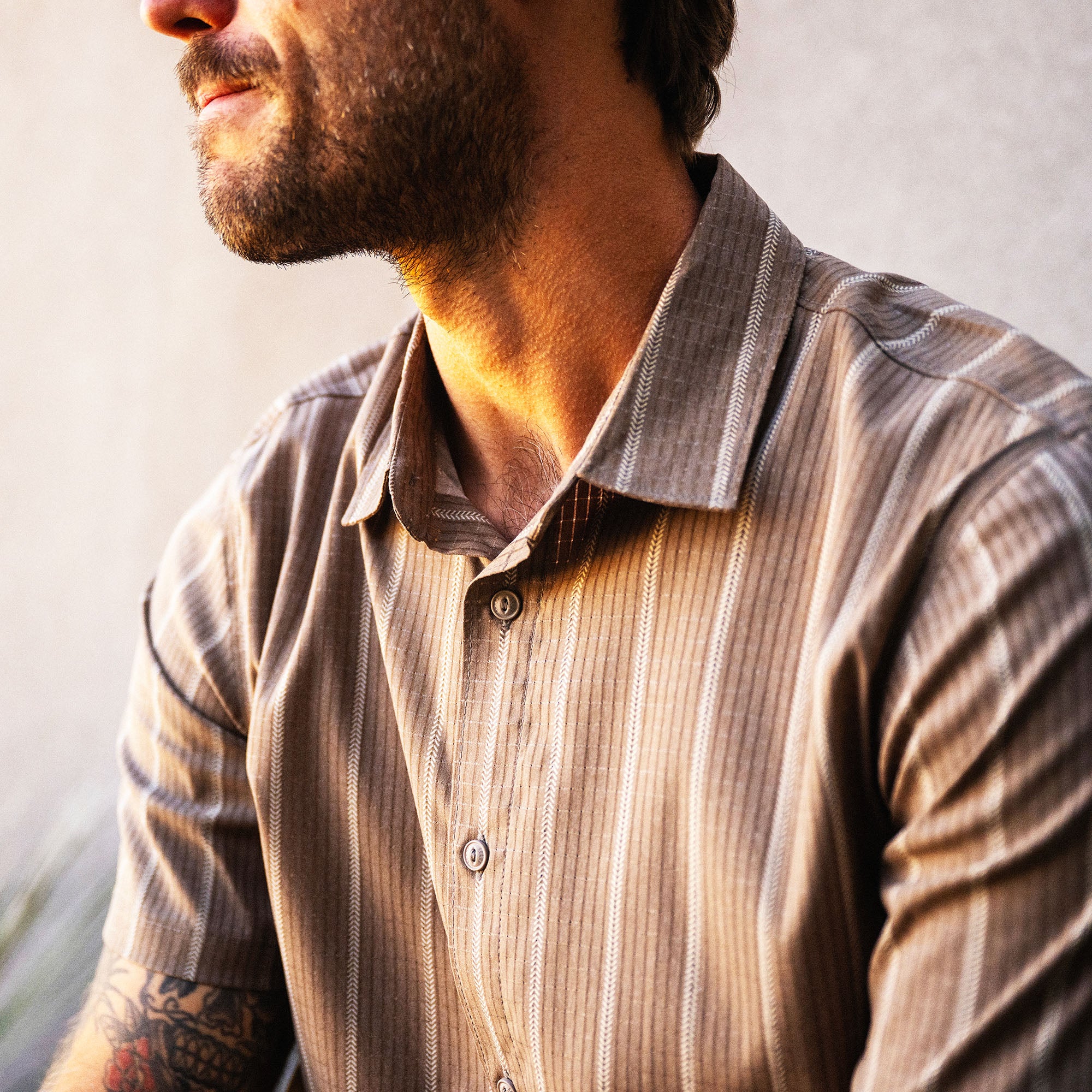 Bless Up Breathable Stretch Shirt in Mushroom, worn by a bearded model in natural light, collar and chest