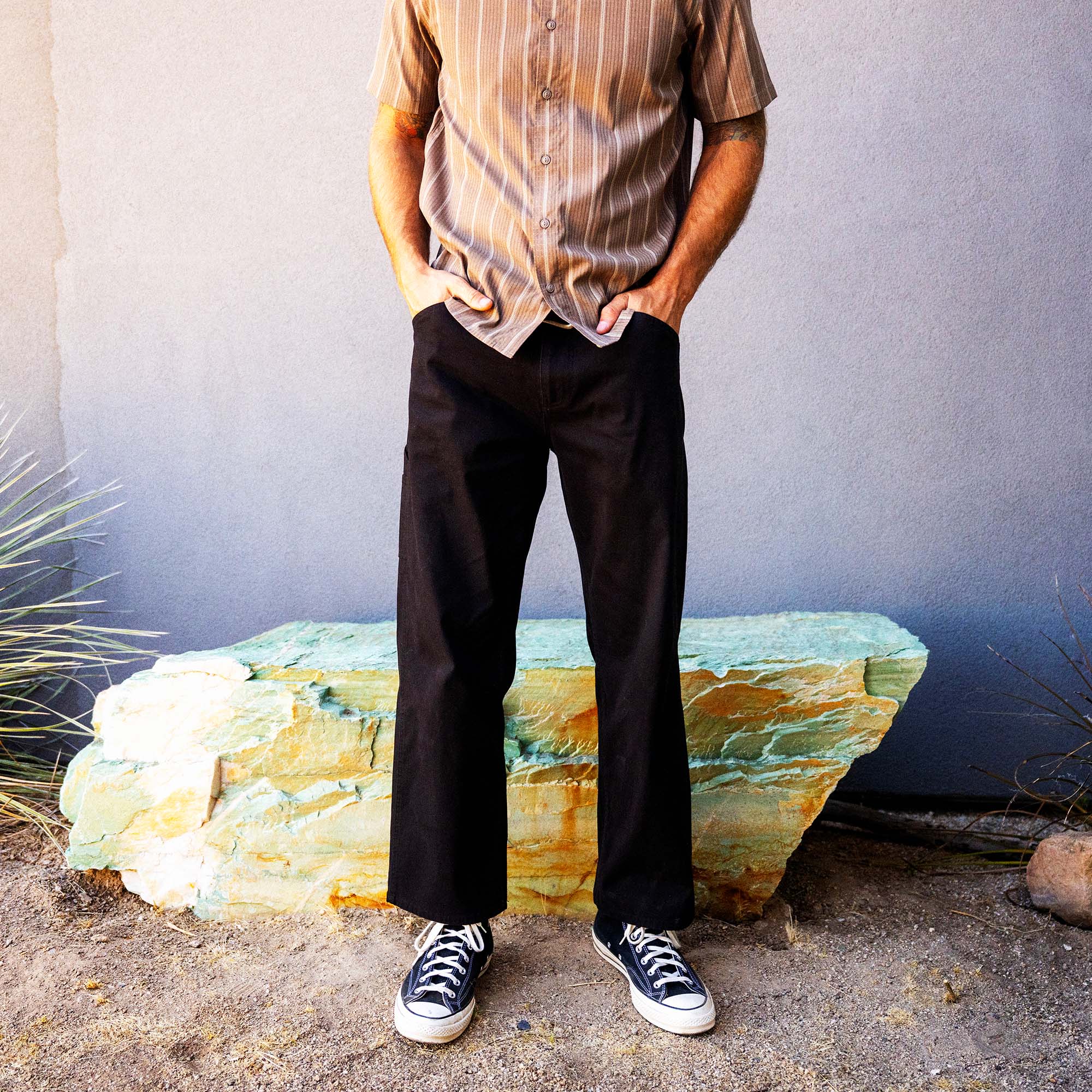 Bless Up Breathable Stretch Shirt in Mushroom, worn by a model with black cropped trousers and canvas trainers