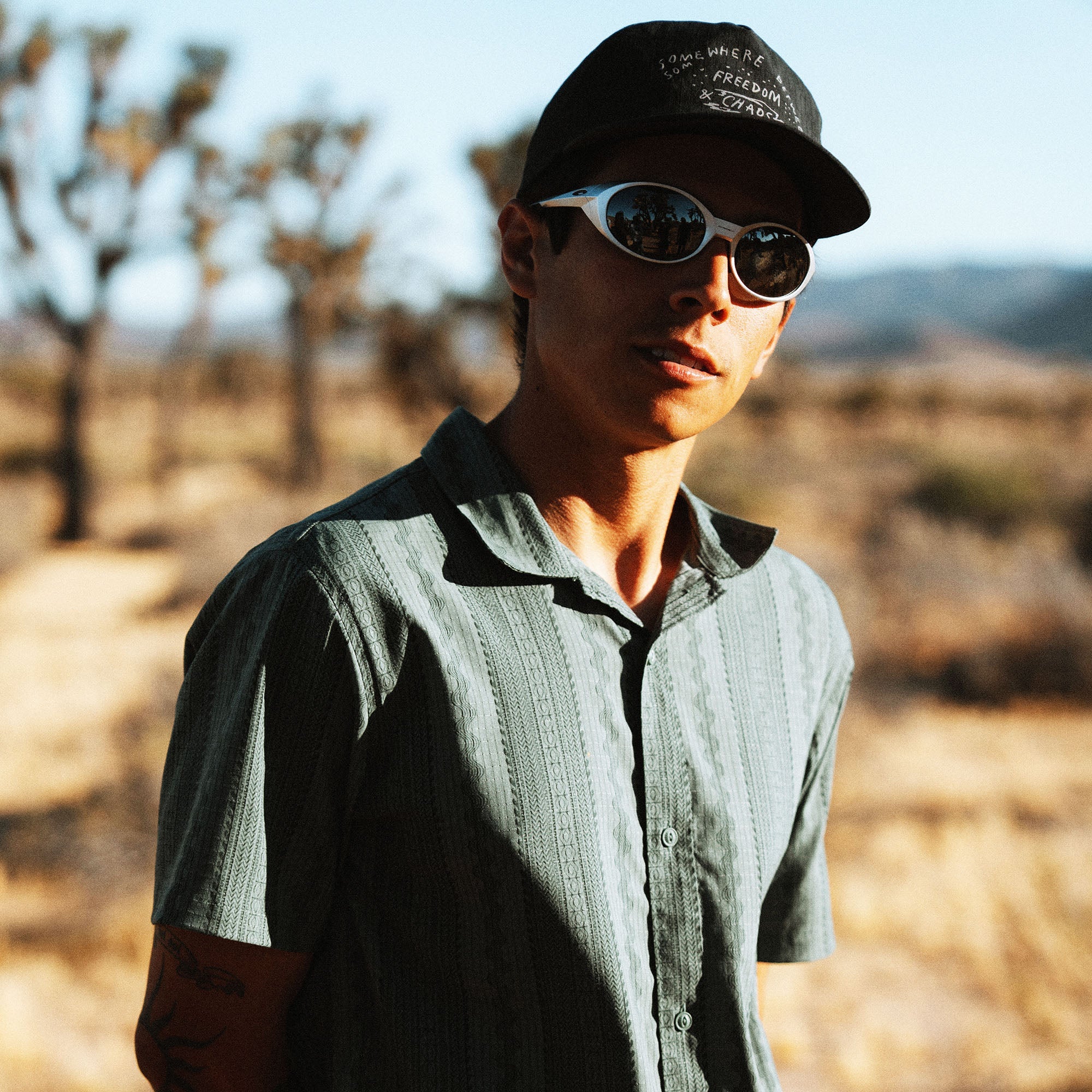 Bless Up Trail Button Up Shirt, worn by a model among Joshua trees