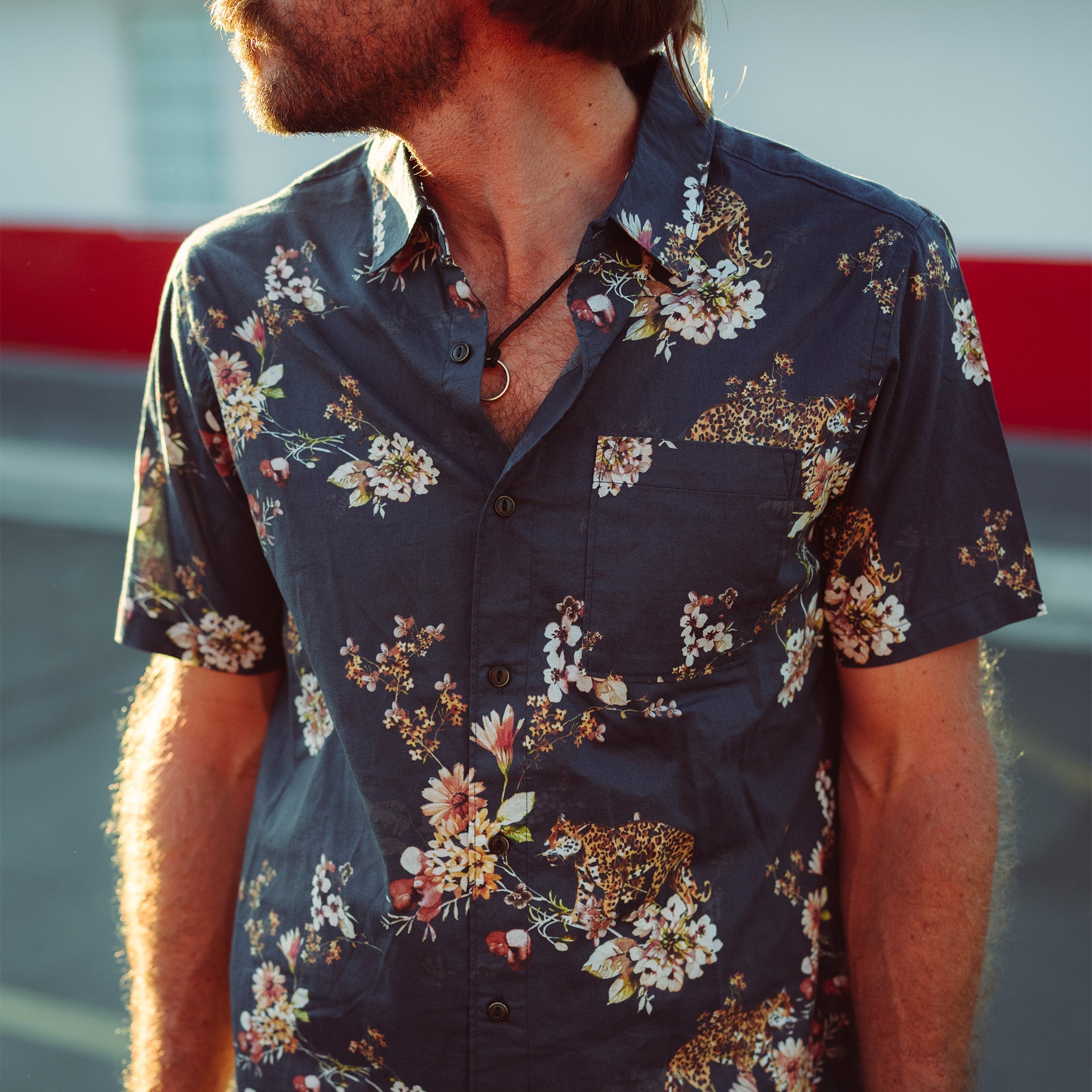 Close-up of Roark's Journey Shirt featuring a detailed collar and button design, crafted for adventure and travel.
