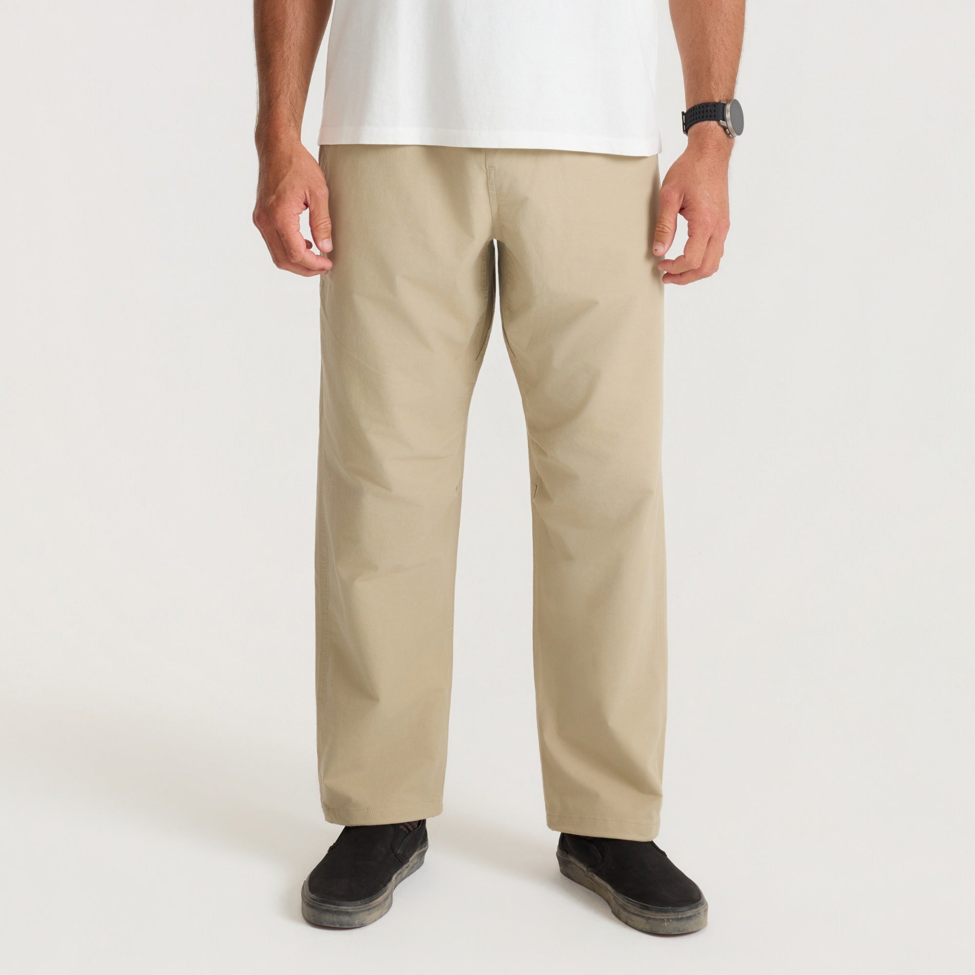 Layover Trail Pants in Beige worn by a model, front view